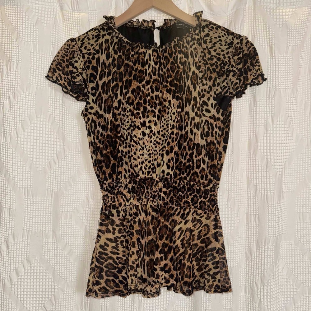 A Love Story Top Leopard Print Mesh Smocked Peplum Ruffle Brown Black XS